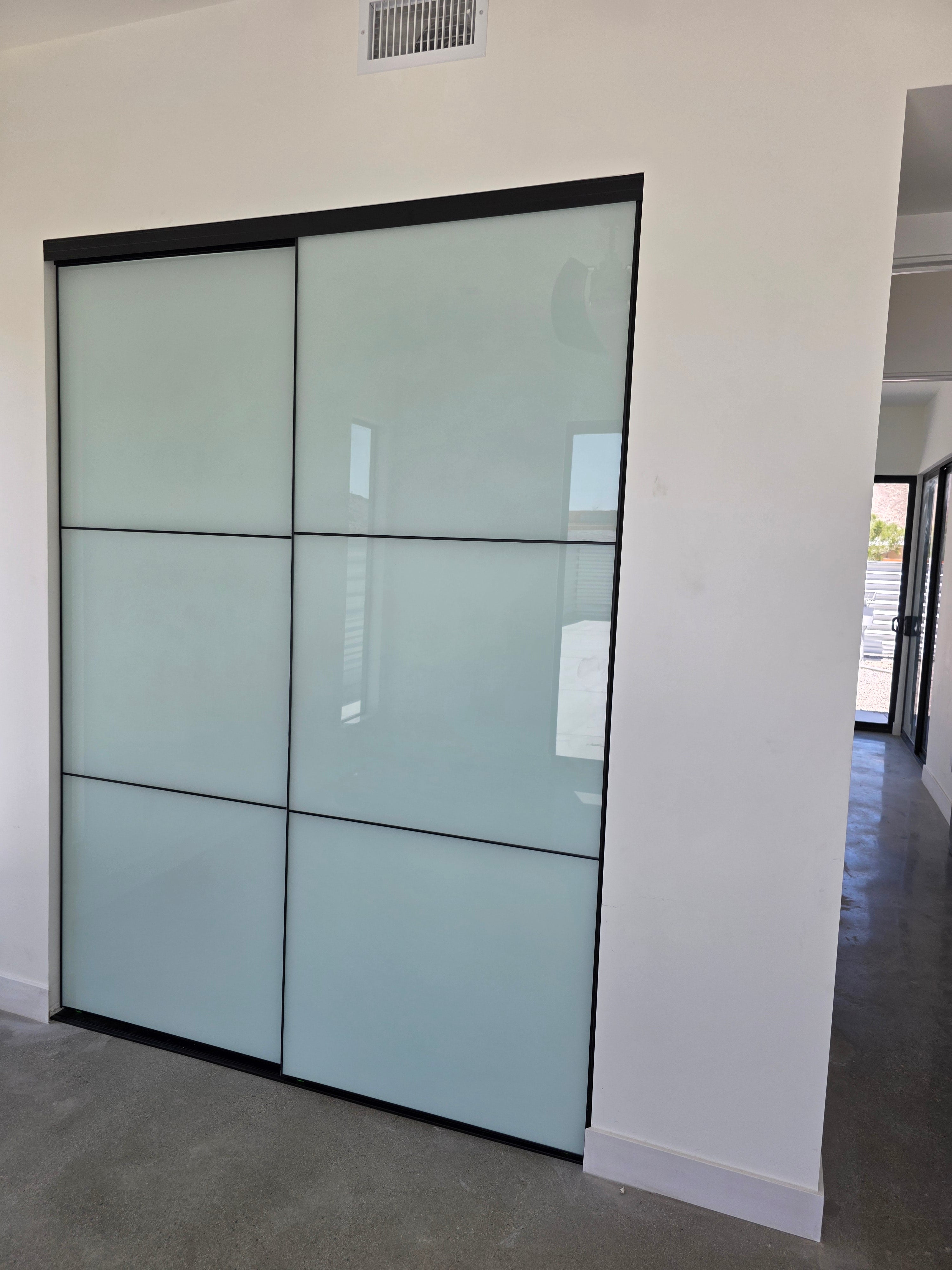VUE | Tri-Grid White Glass Sliding Closet Doors